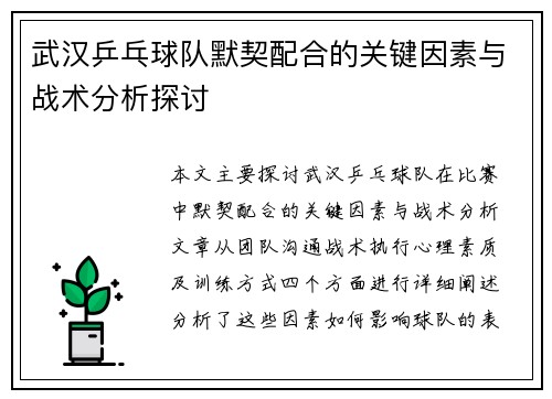 武汉乒乓球队默契配合的关键因素与战术分析探讨