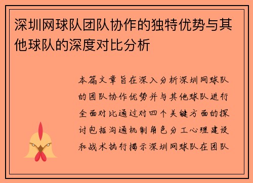 深圳网球队团队协作的独特优势与其他球队的深度对比分析