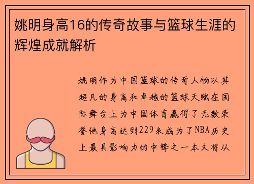 姚明身高16的传奇故事与篮球生涯的辉煌成就解析