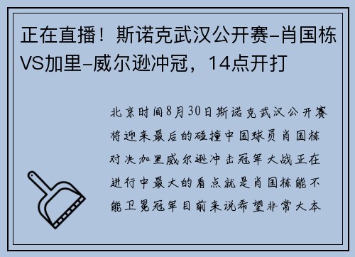 正在直播！斯诺克武汉公开赛-肖国栋VS加里-威尔逊冲冠，14点开打